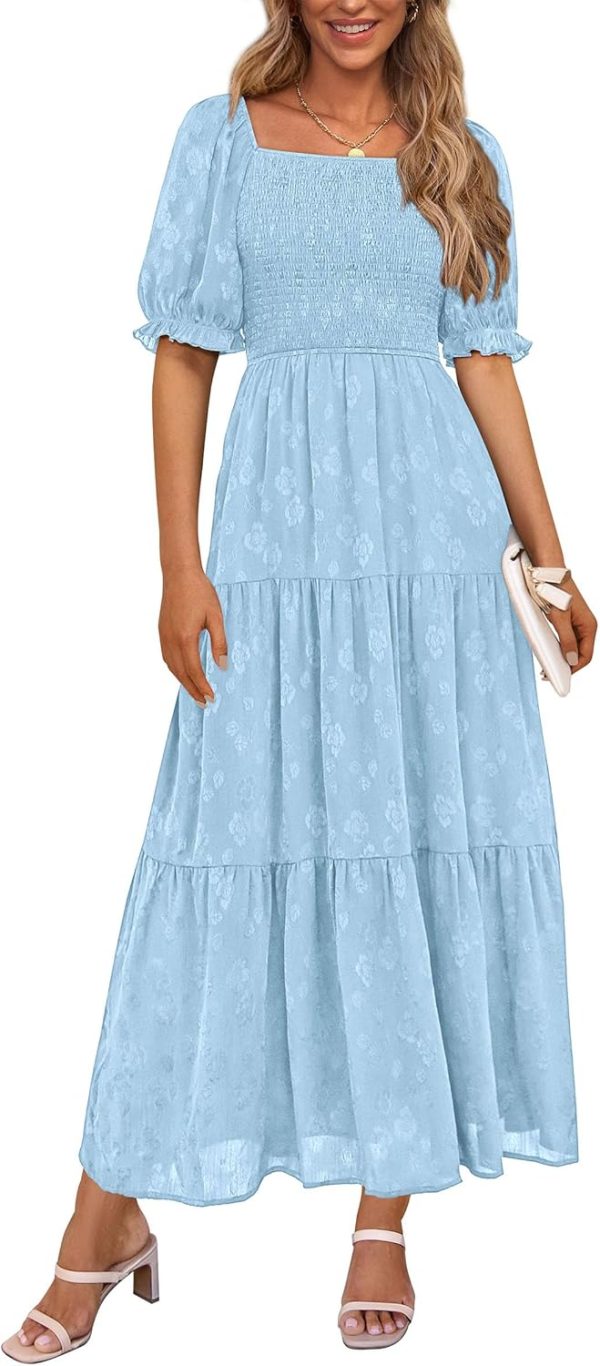 PRETTYGARDEN Women's 2025 Summer Casual Midi Dresses Square Neck Short Sleeve Smocked A Line Floral Flowy Elegant Boho Dress