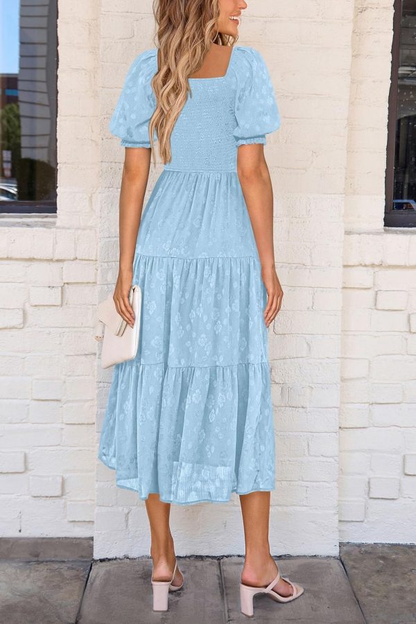 PRETTYGARDEN Women's 2025 Summer Casual Midi Dresses Square Neck Short Sleeve Smocked A Line Floral Flowy Elegant Boho Dress - Image 2