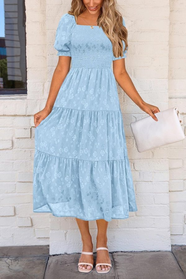 PRETTYGARDEN Women's 2025 Summer Casual Midi Dresses Square Neck Short Sleeve Smocked A Line Floral Flowy Elegant Boho Dress - Image 3