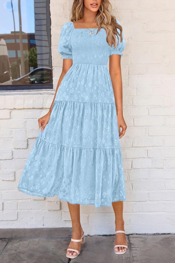 PRETTYGARDEN Women's 2025 Summer Casual Midi Dresses Square Neck Short Sleeve Smocked A Line Floral Flowy Elegant Boho Dress - Image 4