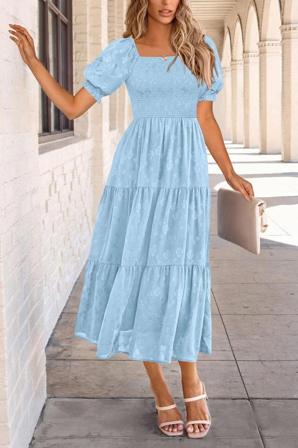 PRETTYGARDEN Women's 2025 Summer Casual Midi Dresses Square Neck Short Sleeve Smocked A Line Floral Flowy Elegant Boho Dress - Image 5