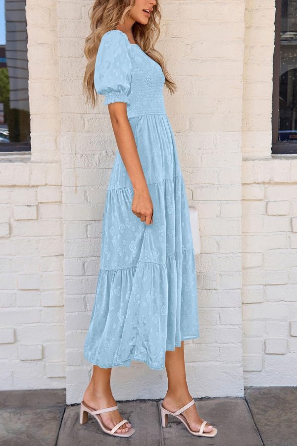 PRETTYGARDEN Women's 2025 Summer Casual Midi Dresses Square Neck Short Sleeve Smocked A Line Floral Flowy Elegant Boho Dress - Image 6