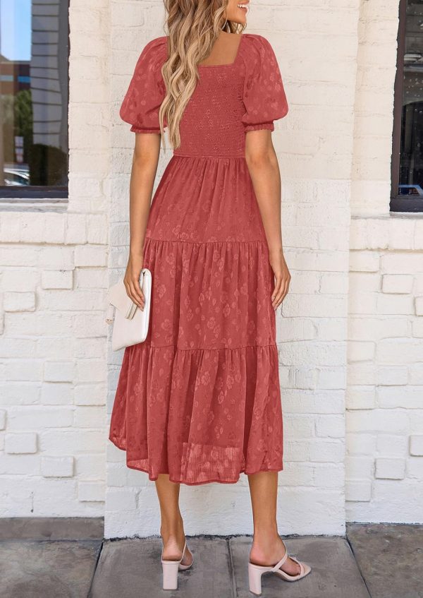 PRETTYGARDEN Women's 2025 Summer Casual Midi Dresses Square Neck Short Sleeve Smocked A Line Floral Flowy Elegant Boho Dress - Image 8