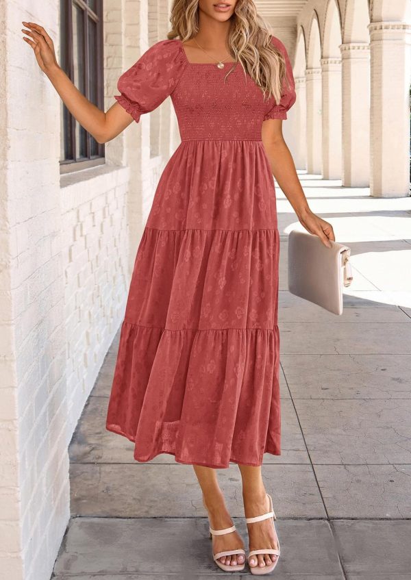 PRETTYGARDEN Women's 2025 Summer Casual Midi Dresses Square Neck Short Sleeve Smocked A Line Floral Flowy Elegant Boho Dress - Image 9