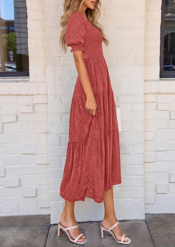 PRETTYGARDEN Women's 2025 Summer Casual Midi Dresses Square Neck Short Sleeve Smocked A Line Floral Flowy Elegant Boho Dress - Image 10