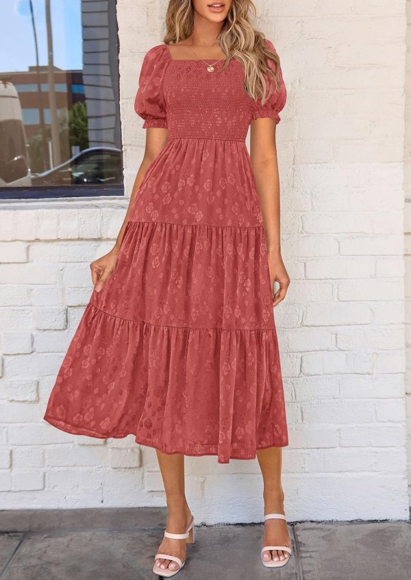 PRETTYGARDEN Women's 2025 Summer Casual Midi Dresses Square Neck Short Sleeve Smocked A Line Floral Flowy Elegant Boho Dress - Image 11