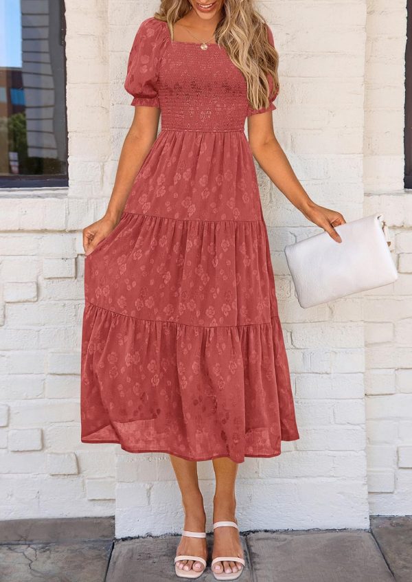 PRETTYGARDEN Women's 2025 Summer Casual Midi Dresses Square Neck Short Sleeve Smocked A Line Floral Flowy Elegant Boho Dress - Image 12