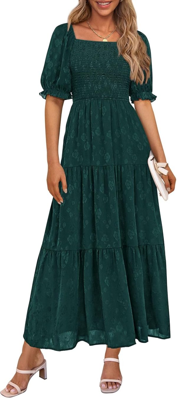 PRETTYGARDEN Women's 2025 Summer Casual Midi Dresses Square Neck Short Sleeve Smocked A Line Floral Flowy Elegant Boho Dress - Image 13