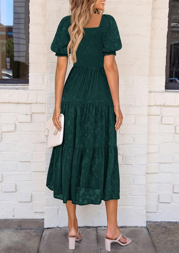 PRETTYGARDEN Women's 2025 Summer Casual Midi Dresses Square Neck Short Sleeve Smocked A Line Floral Flowy Elegant Boho Dress - Image 14