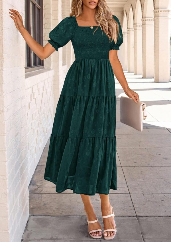 PRETTYGARDEN Women's 2025 Summer Casual Midi Dresses Square Neck Short Sleeve Smocked A Line Floral Flowy Elegant Boho Dress - Image 15