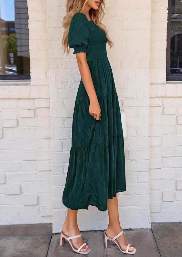 PRETTYGARDEN Women's 2025 Summer Casual Midi Dresses Square Neck Short Sleeve Smocked A Line Floral Flowy Elegant Boho Dress - Image 16