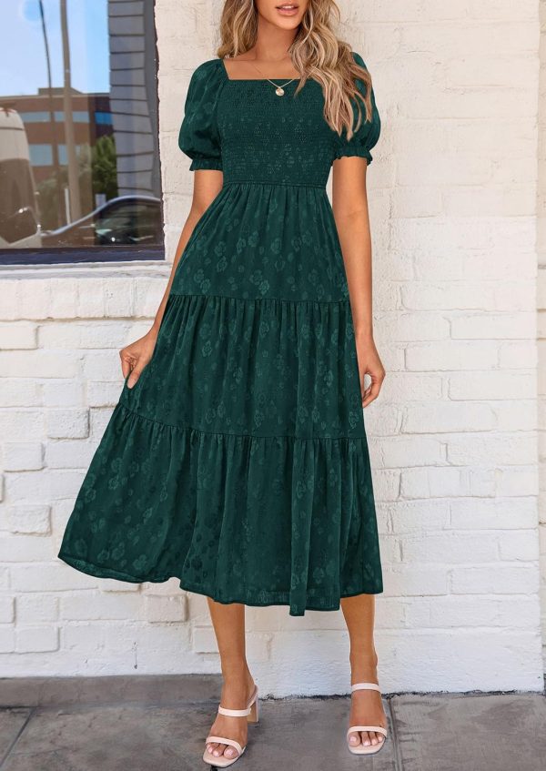 PRETTYGARDEN Women's 2025 Summer Casual Midi Dresses Square Neck Short Sleeve Smocked A Line Floral Flowy Elegant Boho Dress - Image 17
