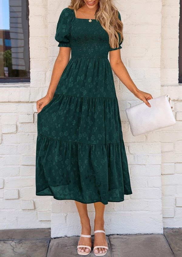 PRETTYGARDEN Women's 2025 Summer Casual Midi Dresses Square Neck Short Sleeve Smocked A Line Floral Flowy Elegant Boho Dress - Image 18