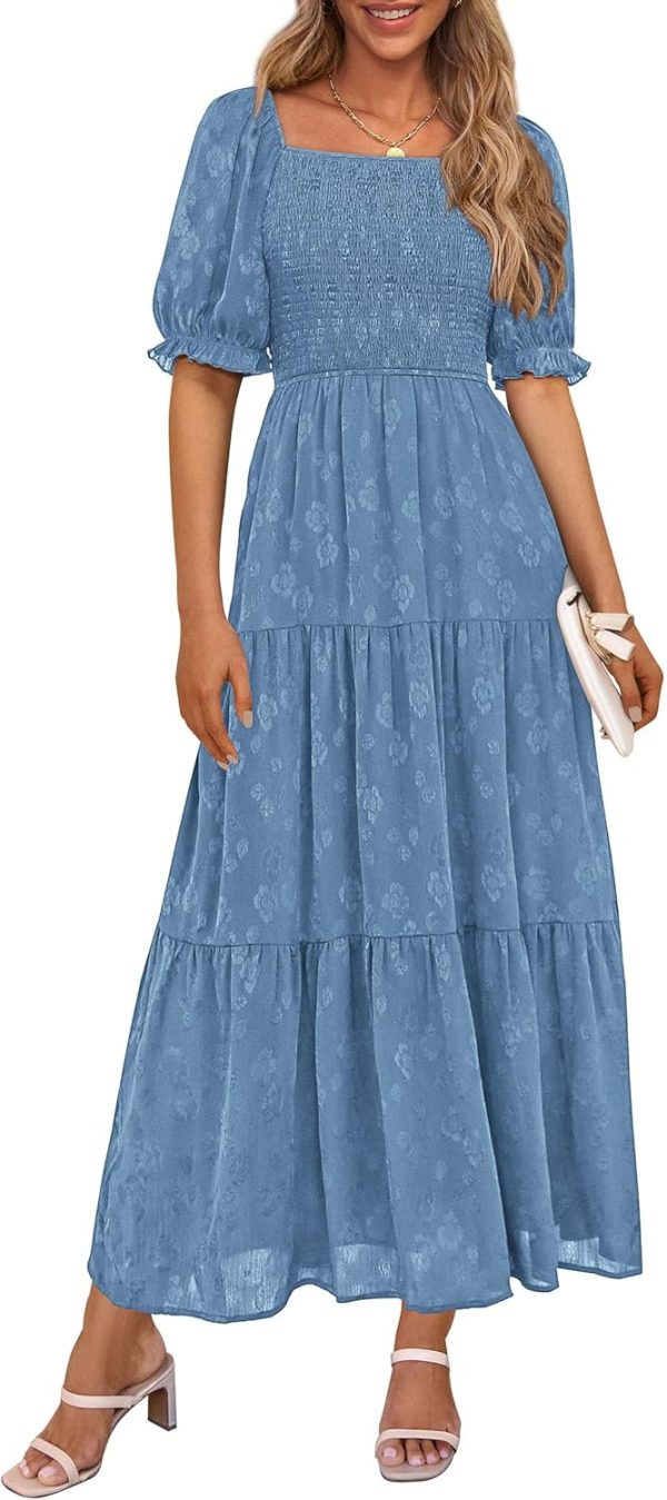 PRETTYGARDEN Women's 2025 Summer Casual Midi Dresses Square Neck Short Sleeve Smocked A Line Floral Flowy Elegant Boho Dress - Image 19