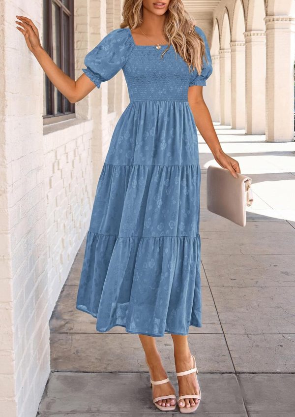 PRETTYGARDEN Women's 2025 Summer Casual Midi Dresses Square Neck Short Sleeve Smocked A Line Floral Flowy Elegant Boho Dress - Image 21