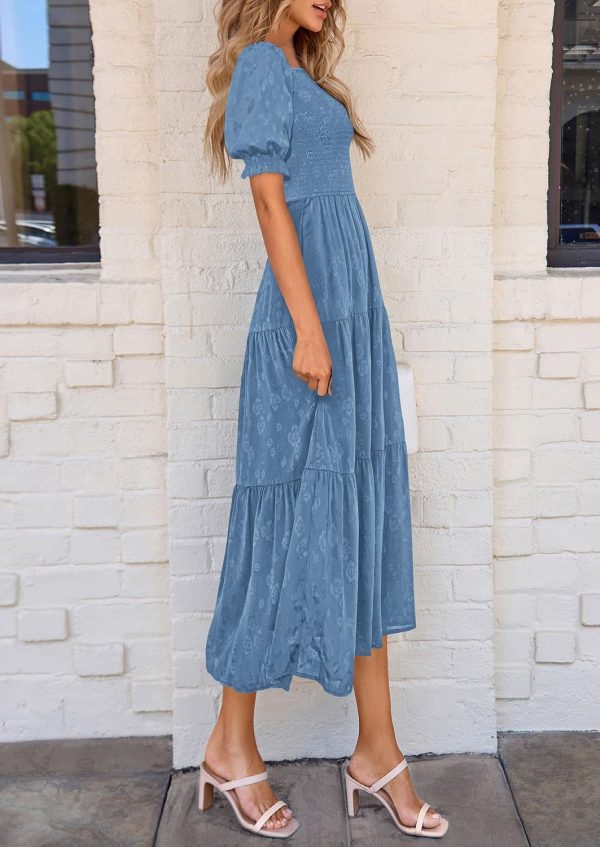 PRETTYGARDEN Women's 2025 Summer Casual Midi Dresses Square Neck Short Sleeve Smocked A Line Floral Flowy Elegant Boho Dress - Image 22