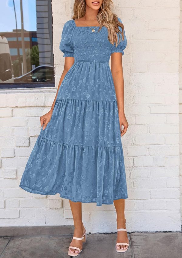 PRETTYGARDEN Women's 2025 Summer Casual Midi Dresses Square Neck Short Sleeve Smocked A Line Floral Flowy Elegant Boho Dress - Image 23