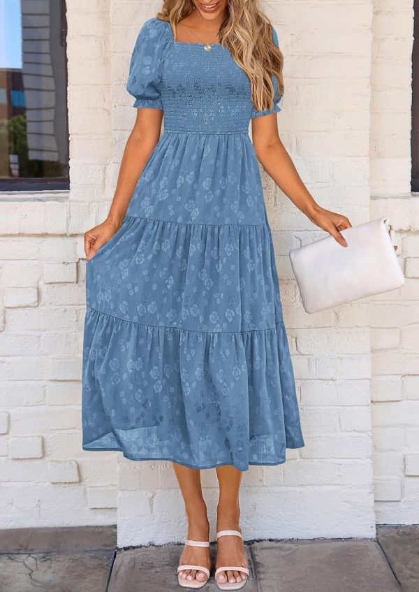 PRETTYGARDEN Women's 2025 Summer Casual Midi Dresses Square Neck Short Sleeve Smocked A Line Floral Flowy Elegant Boho Dress - Image 24