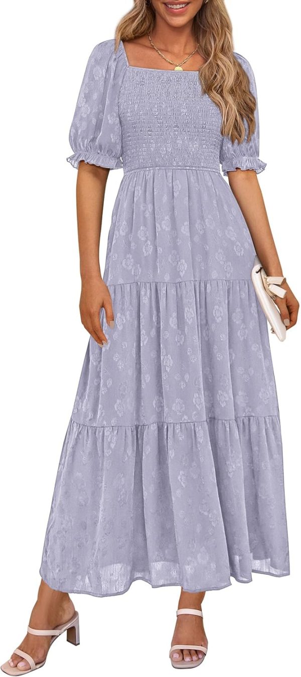 PRETTYGARDEN Women's 2025 Summer Casual Midi Dresses Square Neck Short Sleeve Smocked A Line Floral Flowy Elegant Boho Dress - Image 25