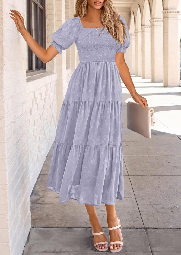 PRETTYGARDEN Women's 2025 Summer Casual Midi Dresses Square Neck Short Sleeve Smocked A Line Floral Flowy Elegant Boho Dress - Image 27