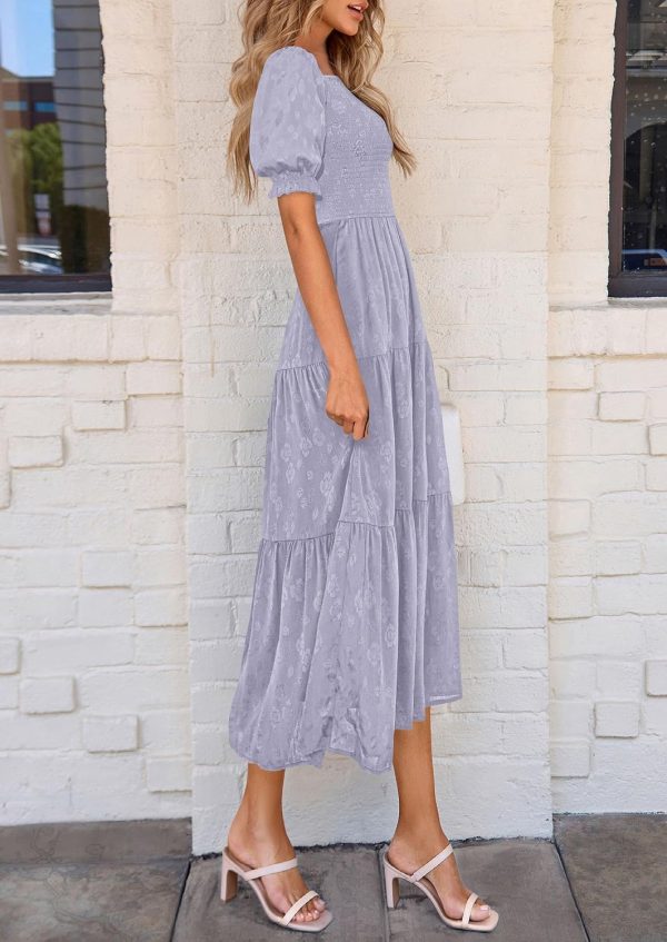 PRETTYGARDEN Women's 2025 Summer Casual Midi Dresses Square Neck Short Sleeve Smocked A Line Floral Flowy Elegant Boho Dress - Image 28