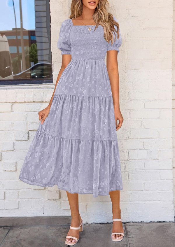 PRETTYGARDEN Women's 2025 Summer Casual Midi Dresses Square Neck Short Sleeve Smocked A Line Floral Flowy Elegant Boho Dress - Image 29