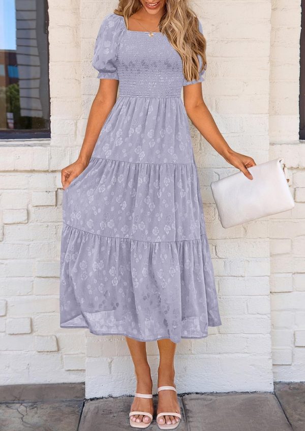 PRETTYGARDEN Women's 2025 Summer Casual Midi Dresses Square Neck Short Sleeve Smocked A Line Floral Flowy Elegant Boho Dress - Image 30