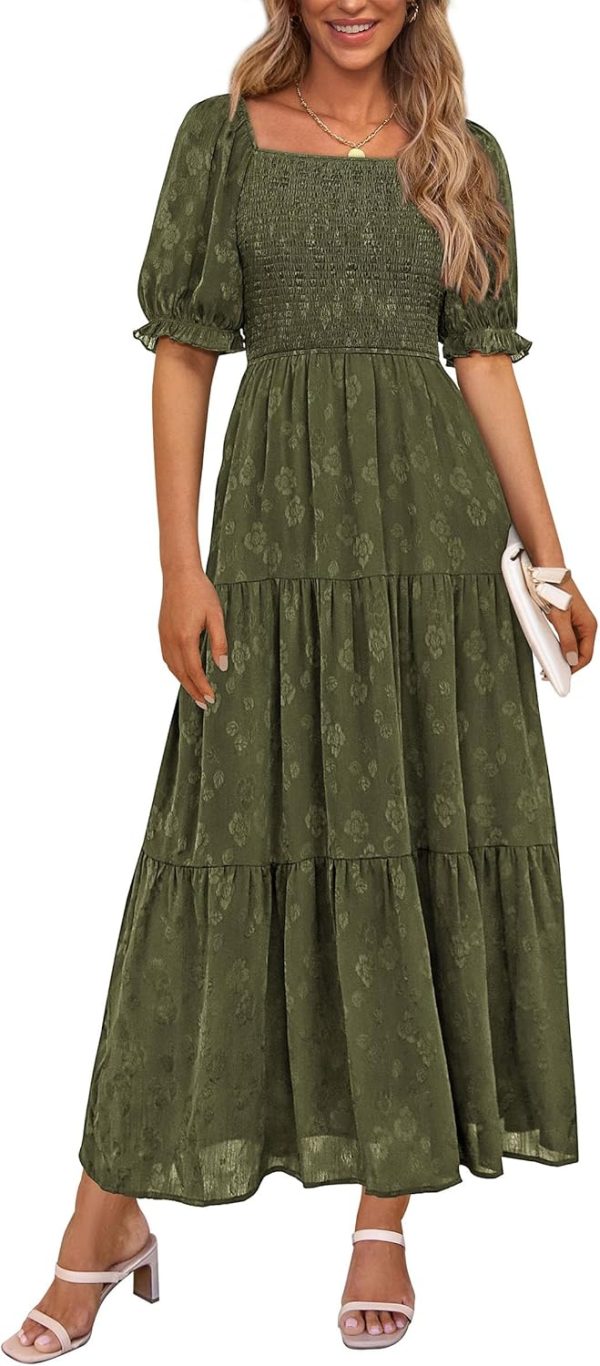 PRETTYGARDEN Women's 2025 Summer Casual Midi Dresses Square Neck Short Sleeve Smocked A Line Floral Flowy Elegant Boho Dress - Image 31