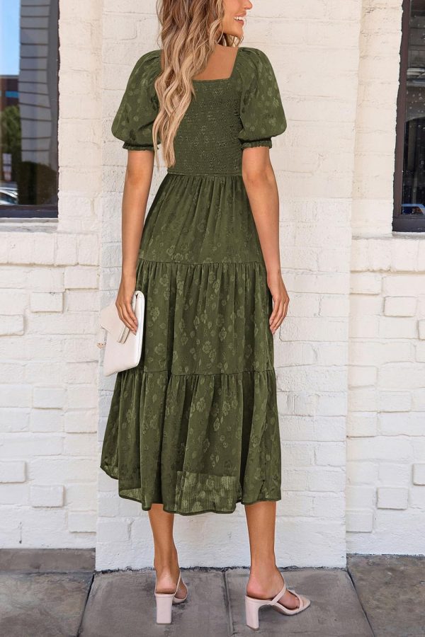 PRETTYGARDEN Women's 2025 Summer Casual Midi Dresses Square Neck Short Sleeve Smocked A Line Floral Flowy Elegant Boho Dress - Image 32