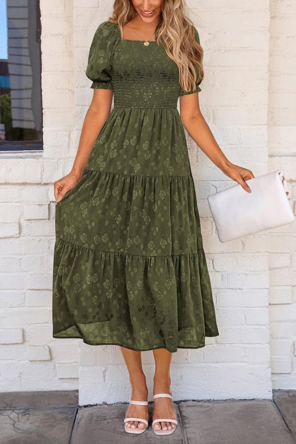 PRETTYGARDEN Women's 2025 Summer Casual Midi Dresses Square Neck Short Sleeve Smocked A Line Floral Flowy Elegant Boho Dress - Image 33