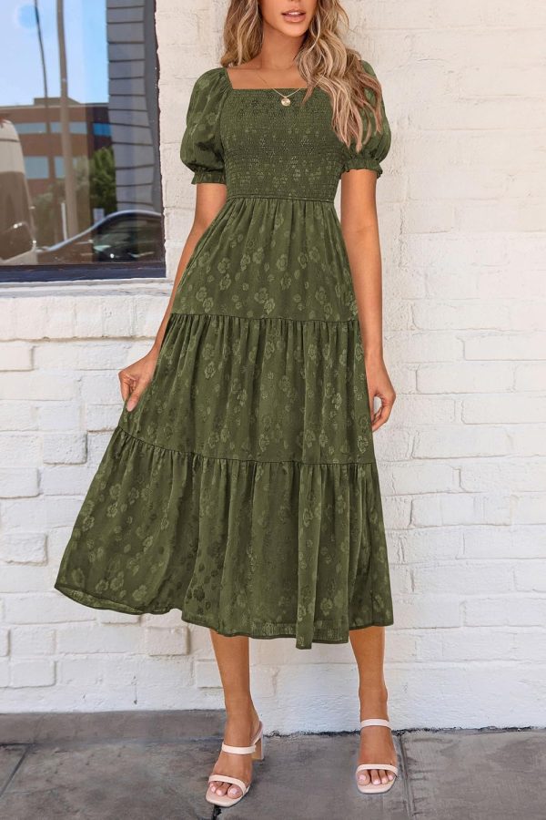 PRETTYGARDEN Women's 2025 Summer Casual Midi Dresses Square Neck Short Sleeve Smocked A Line Floral Flowy Elegant Boho Dress - Image 34