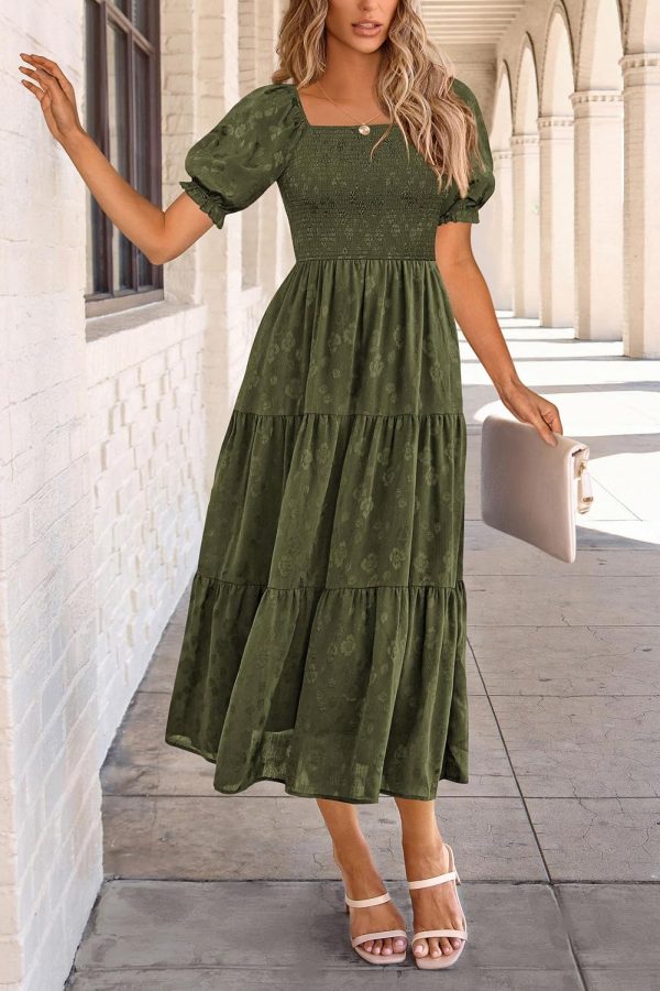 PRETTYGARDEN Women's 2025 Summer Casual Midi Dresses Square Neck Short Sleeve Smocked A Line Floral Flowy Elegant Boho Dress - Image 35