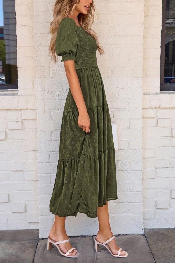 PRETTYGARDEN Women's 2025 Summer Casual Midi Dresses Square Neck Short Sleeve Smocked A Line Floral Flowy Elegant Boho Dress - Image 36
