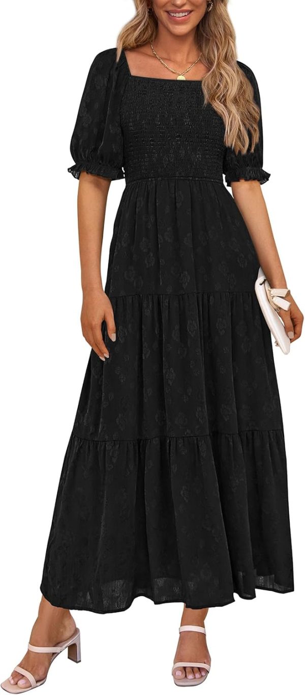 PRETTYGARDEN Women's 2025 Summer Casual Midi Dresses Square Neck Short Sleeve Smocked A Line Floral Flowy Elegant Boho Dress - Image 37