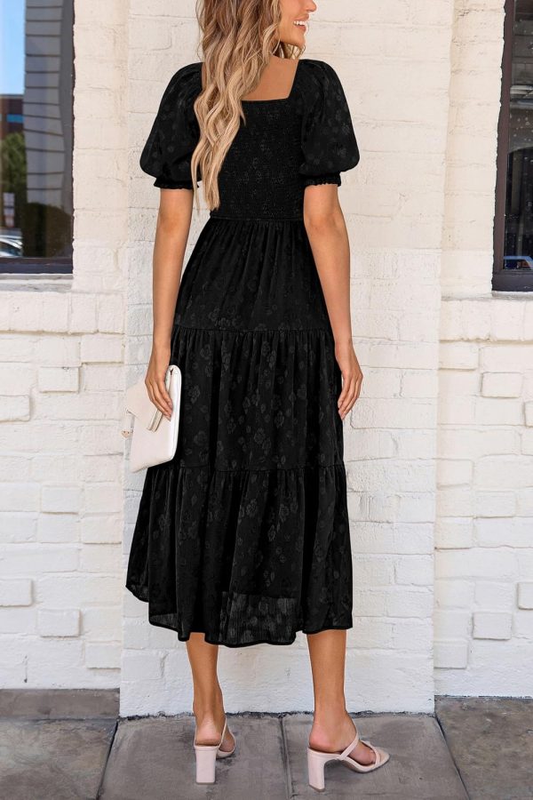 PRETTYGARDEN Women's 2025 Summer Casual Midi Dresses Square Neck Short Sleeve Smocked A Line Floral Flowy Elegant Boho Dress - Image 38