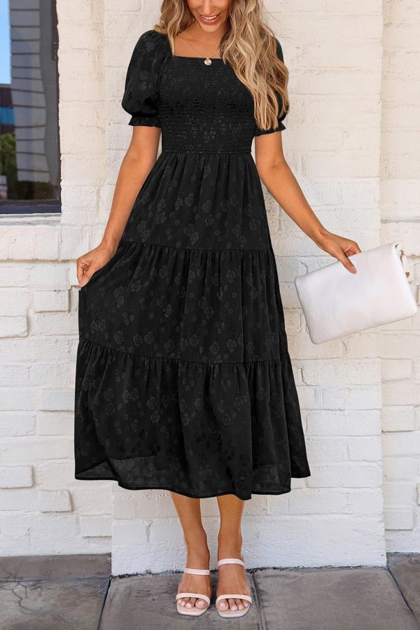 PRETTYGARDEN Women's 2025 Summer Casual Midi Dresses Square Neck Short Sleeve Smocked A Line Floral Flowy Elegant Boho Dress - Image 39