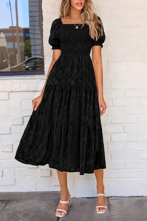 PRETTYGARDEN Women's 2025 Summer Casual Midi Dresses Square Neck Short Sleeve Smocked A Line Floral Flowy Elegant Boho Dress - Image 40