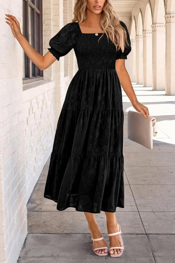 PRETTYGARDEN Women's 2025 Summer Casual Midi Dresses Square Neck Short Sleeve Smocked A Line Floral Flowy Elegant Boho Dress - Image 41