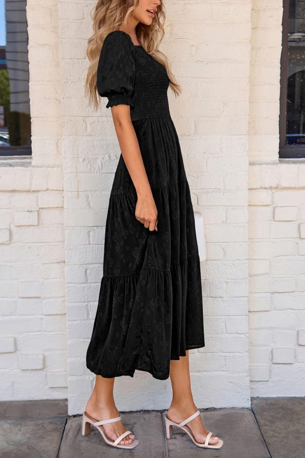PRETTYGARDEN Women's 2025 Summer Casual Midi Dresses Square Neck Short Sleeve Smocked A Line Floral Flowy Elegant Boho Dress - Image 42