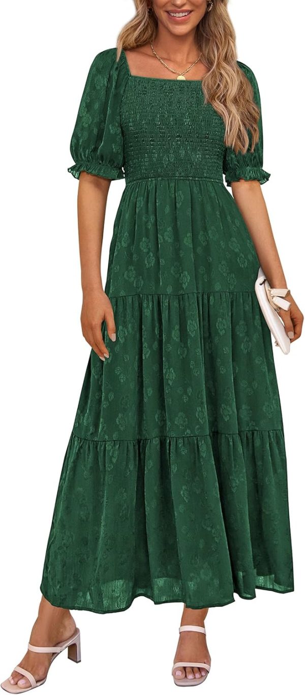 PRETTYGARDEN Women's 2025 Summer Casual Midi Dresses Square Neck Short Sleeve Smocked A Line Floral Flowy Elegant Boho Dress - Image 43