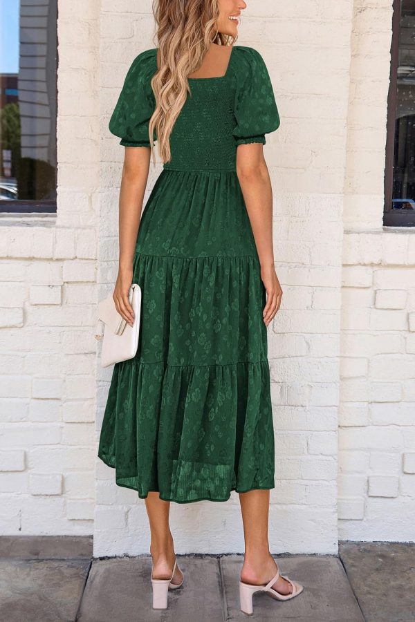 PRETTYGARDEN Women's 2025 Summer Casual Midi Dresses Square Neck Short Sleeve Smocked A Line Floral Flowy Elegant Boho Dress - Image 44
