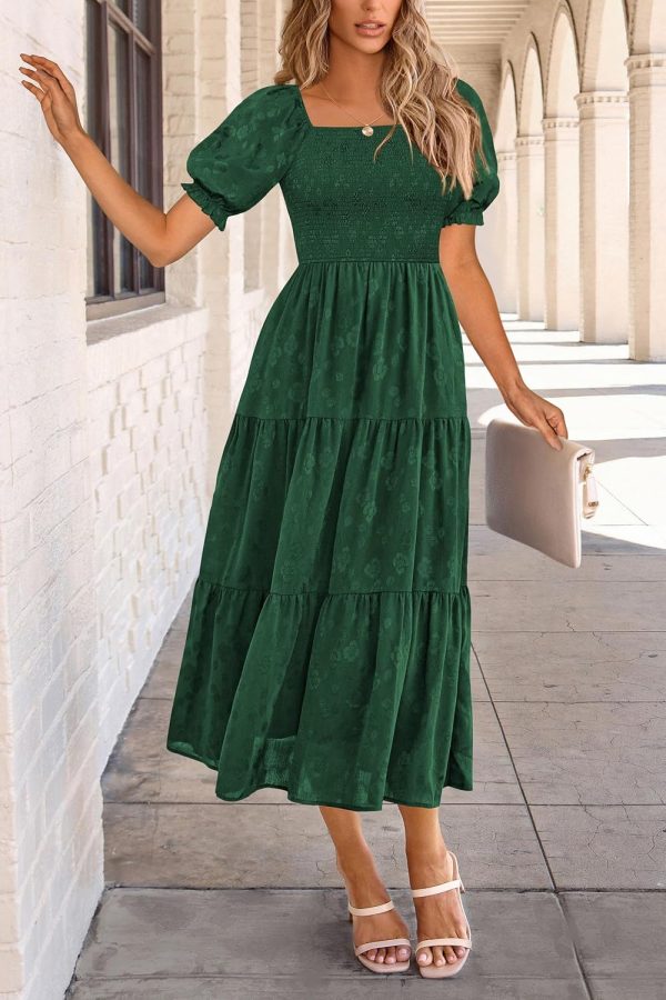 PRETTYGARDEN Women's 2025 Summer Casual Midi Dresses Square Neck Short Sleeve Smocked A Line Floral Flowy Elegant Boho Dress - Image 47