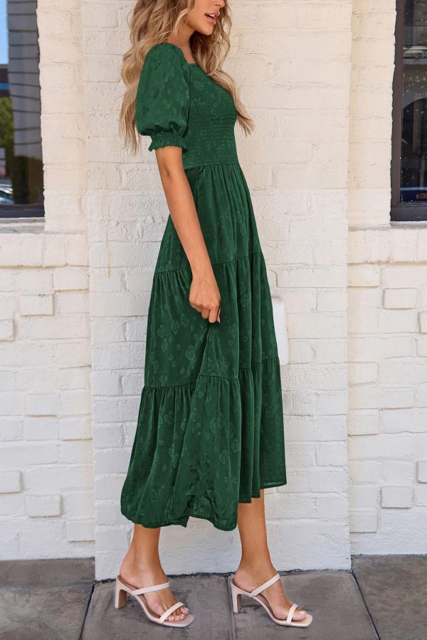 PRETTYGARDEN Women's 2025 Summer Casual Midi Dresses Square Neck Short Sleeve Smocked A Line Floral Flowy Elegant Boho Dress - Image 48