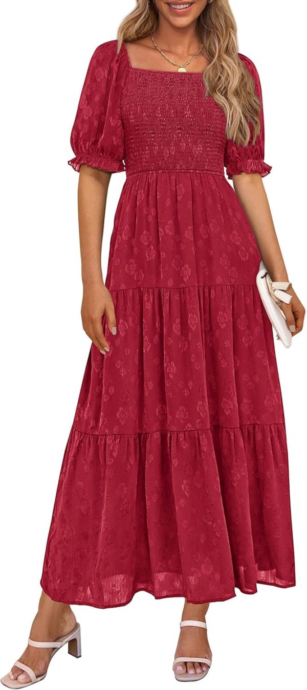 PRETTYGARDEN Women's 2025 Summer Casual Midi Dresses Square Neck Short Sleeve Smocked A Line Floral Flowy Elegant Boho Dress - Image 49