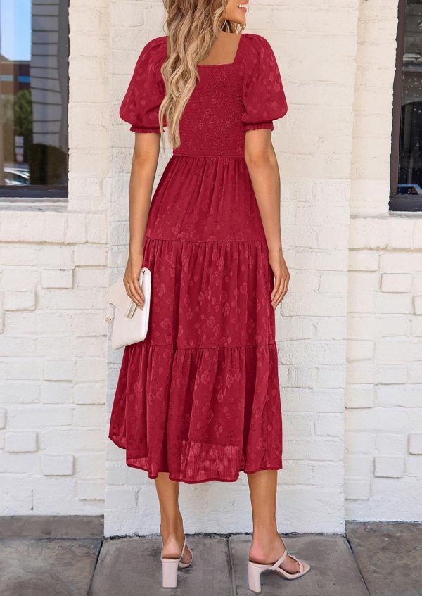 PRETTYGARDEN Women's 2025 Summer Casual Midi Dresses Square Neck Short Sleeve Smocked A Line Floral Flowy Elegant Boho Dress - Image 50