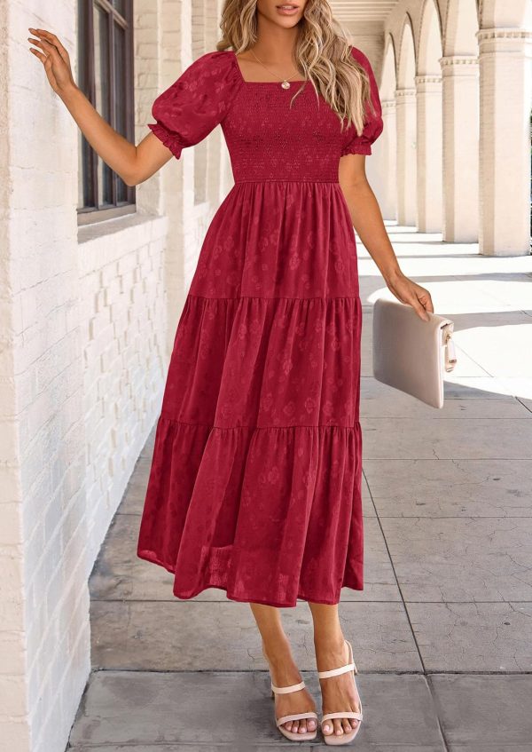 PRETTYGARDEN Women's 2025 Summer Casual Midi Dresses Square Neck Short Sleeve Smocked A Line Floral Flowy Elegant Boho Dress - Image 51