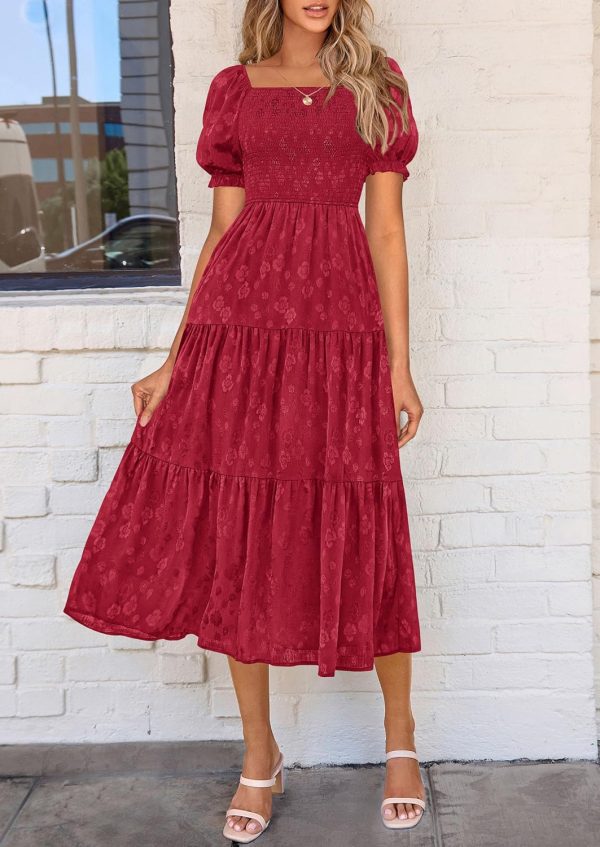 PRETTYGARDEN Women's 2025 Summer Casual Midi Dresses Square Neck Short Sleeve Smocked A Line Floral Flowy Elegant Boho Dress - Image 53