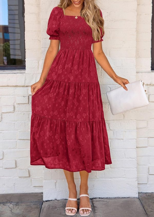 PRETTYGARDEN Women's 2025 Summer Casual Midi Dresses Square Neck Short Sleeve Smocked A Line Floral Flowy Elegant Boho Dress - Image 54