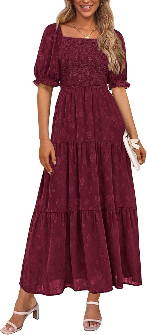 PRETTYGARDEN Women's 2025 Summer Casual Midi Dresses Square Neck Short Sleeve Smocked A Line Floral Flowy Elegant Boho Dress - Image 55
