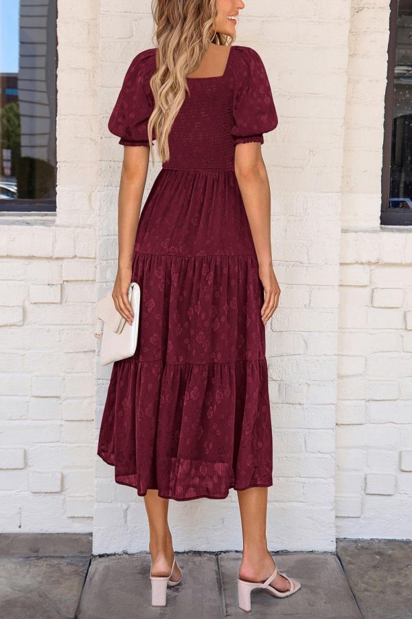 PRETTYGARDEN Women's 2025 Summer Casual Midi Dresses Square Neck Short Sleeve Smocked A Line Floral Flowy Elegant Boho Dress - Image 56